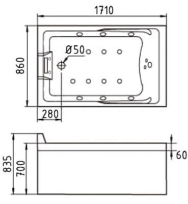 акриловая ванна с гидромассажем gemy g9066-ii к 170х85
