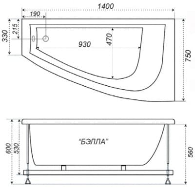 Акриловая ванна Тритон БЭЛЛА 140x75 левая схема