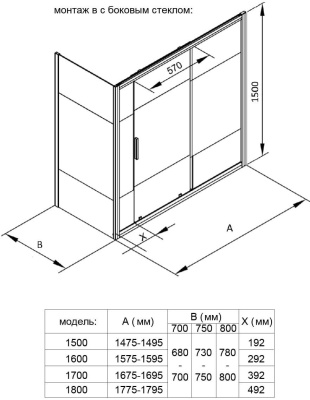 шторка для ванны стеклянная aquanet practic 170x150