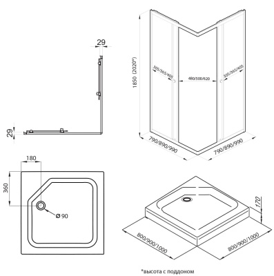 душевой ограждение квадратное тритон вента 100x100 чёрное